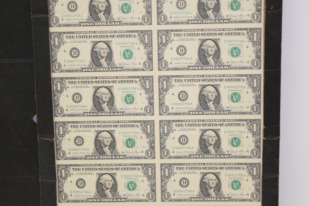 Collection of Uncut One Dollar Bills, Series 1981