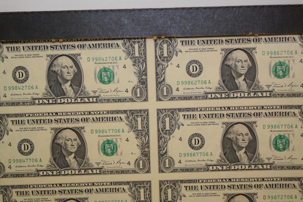 Collection of Uncut One Dollar Bills, Series 1981
