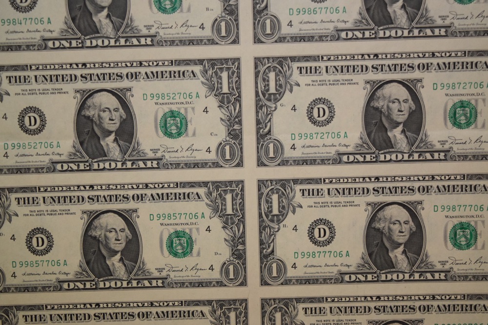 Collection of Uncut One Dollar Bills, Series 1981