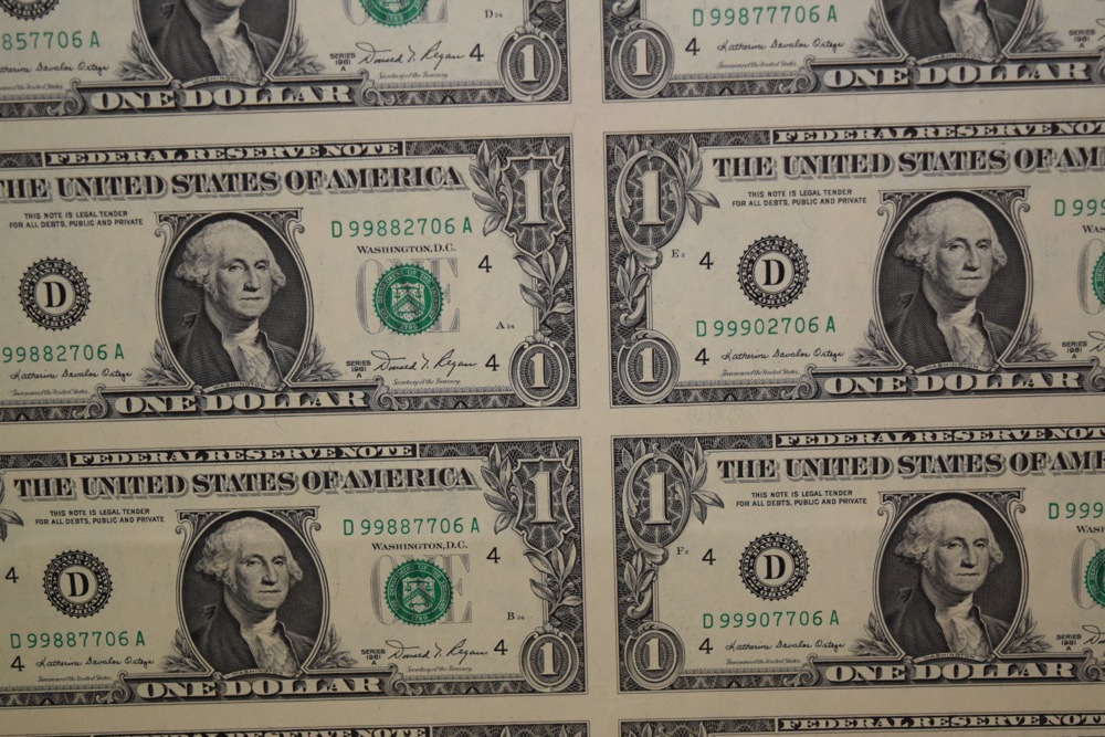 Collection of Uncut One Dollar Bills, Series 1981