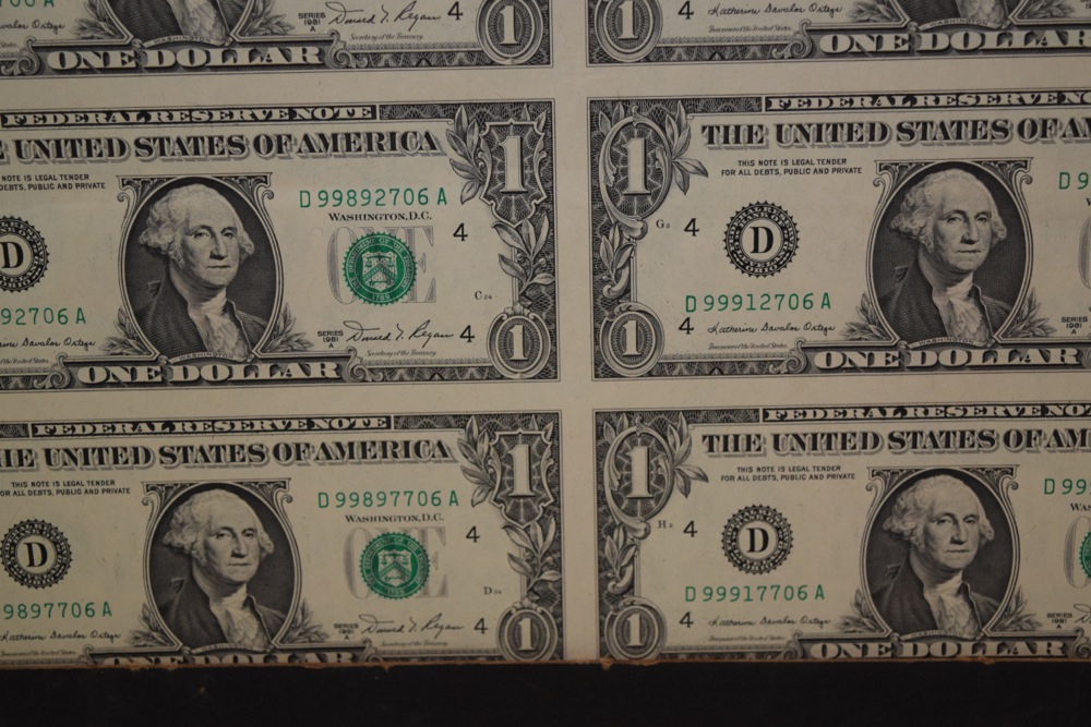 Collection of Uncut One Dollar Bills, Series 1981