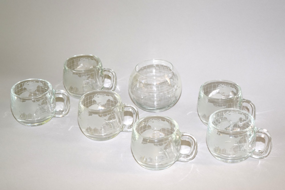Collection of Etched Globe Mugs and Bowl