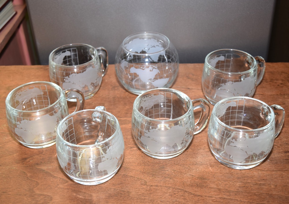Collection of Etched Globe Mugs and Bowl