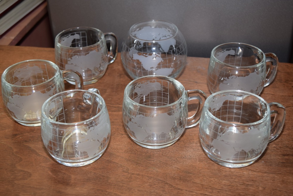 Collection of Etched Globe Mugs and Bowl