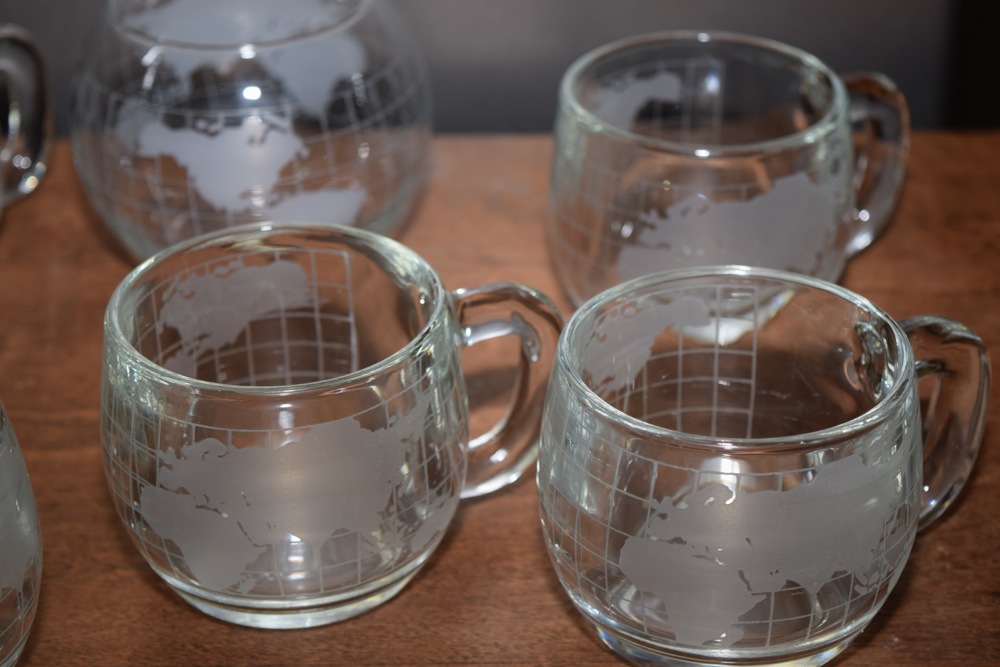Collection of Etched Globe Mugs and Bowl