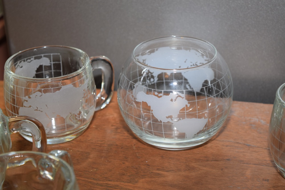 Collection of Etched Globe Mugs and Bowl