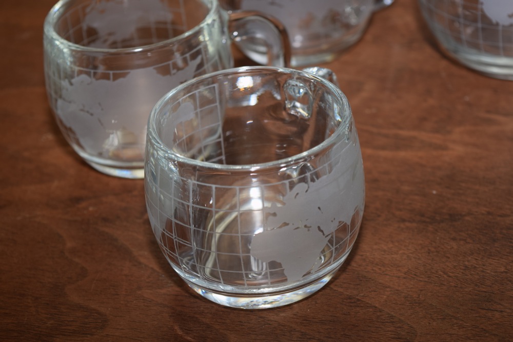 Collection of Etched Globe Mugs and Bowl