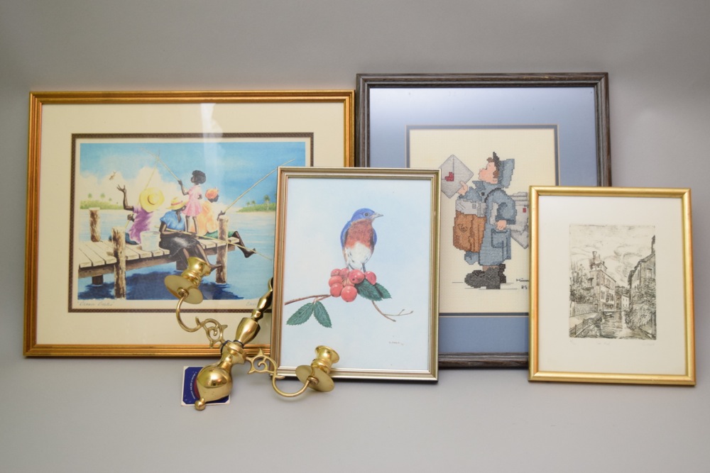 Framed Artwork and Brass Georgetown Reproduction Sconce