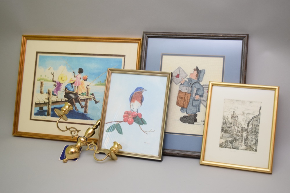 Framed Artwork and Brass Georgetown Reproduction Sconce