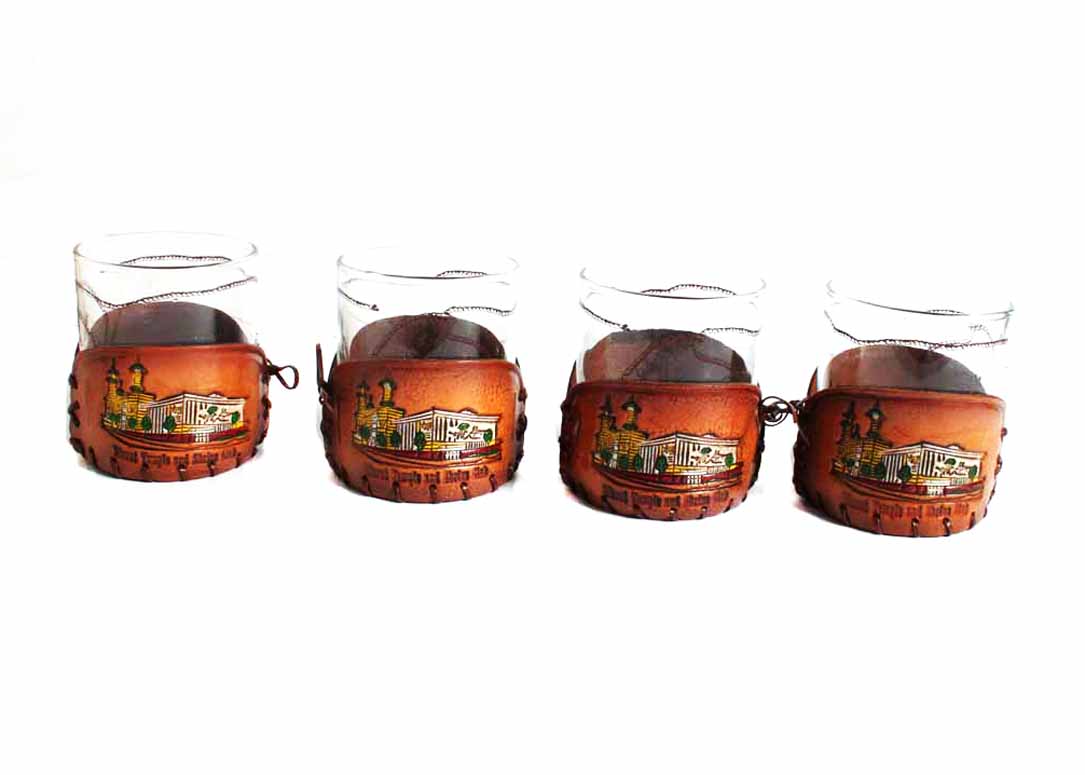 Set of Vintage Commemorative Murat Glass Tumblers with Leather