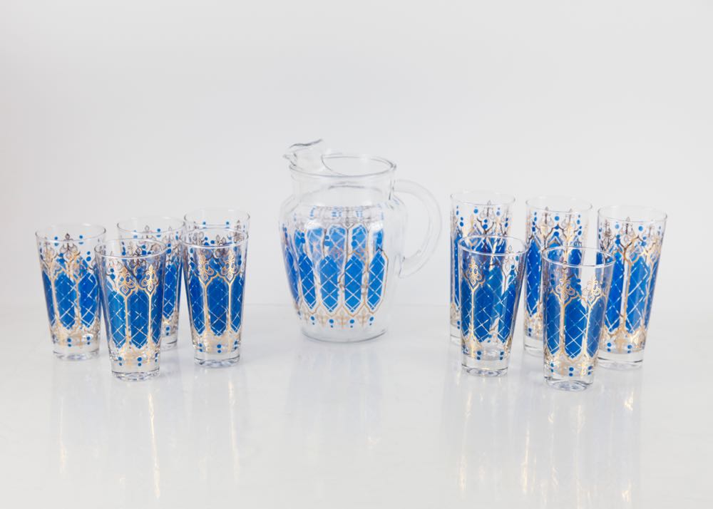 Blue and Gold Pitcher and Glasses