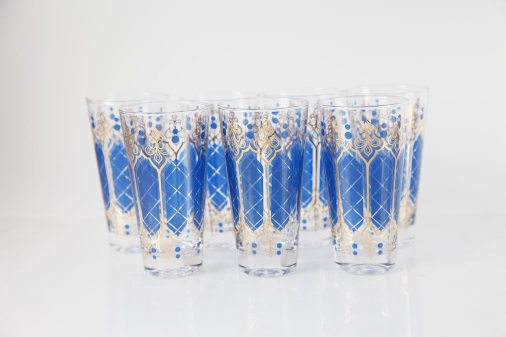 Blue and Gold Pitcher and Glasses