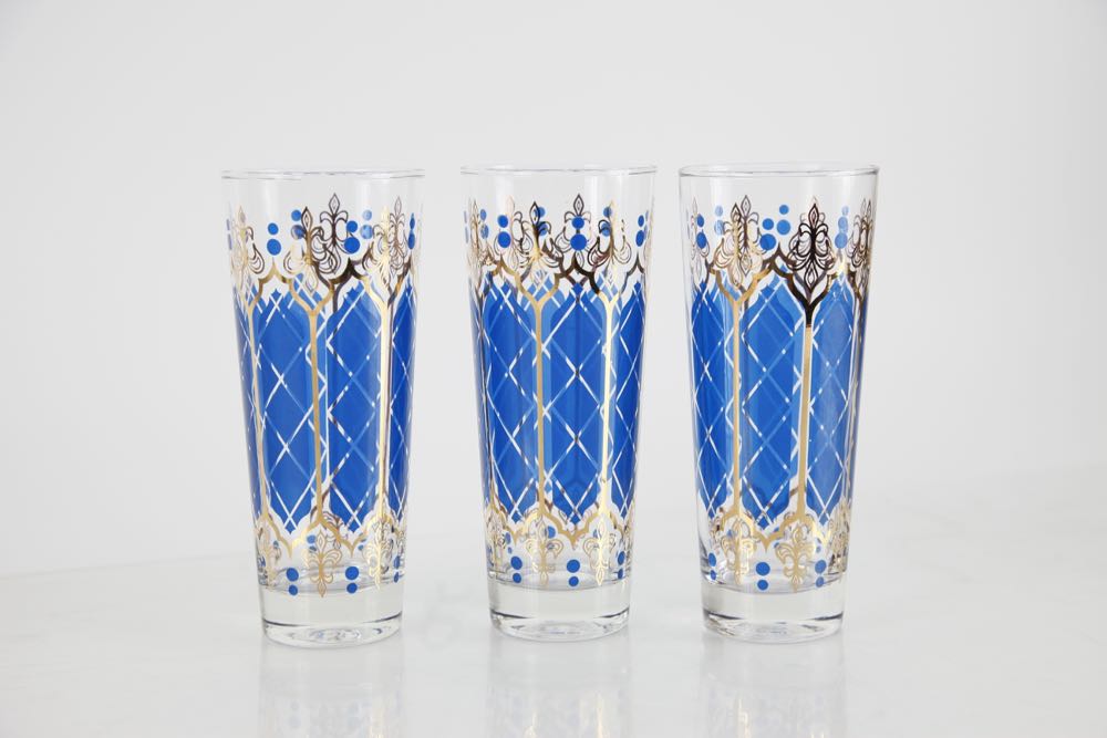 Blue and Gold Pitcher and Glasses