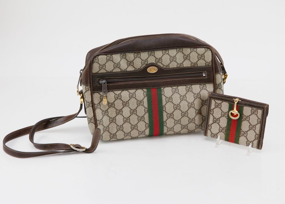 Vintage Gucci Brown Canvas Shoulder Bag and Wallet