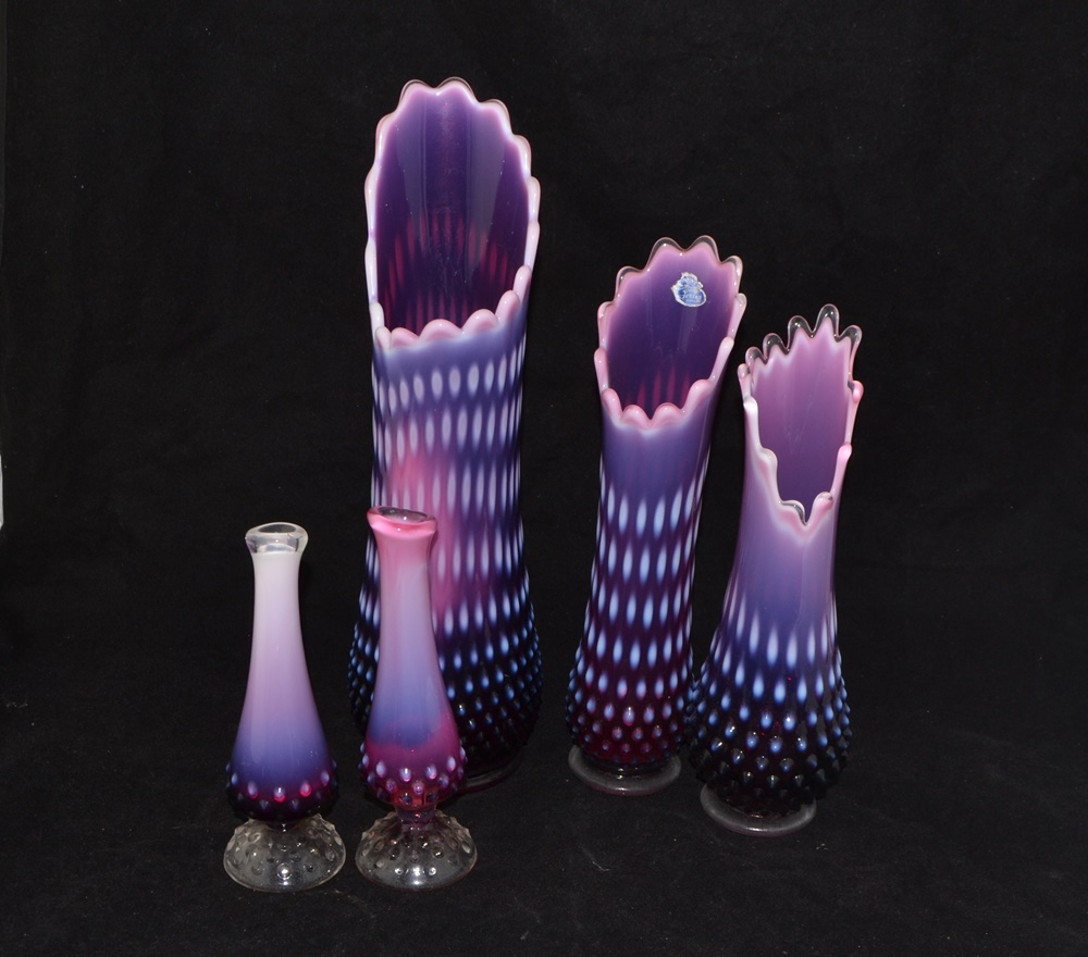 Five Fenton Plum Opalescent Hobnail Swung Vases