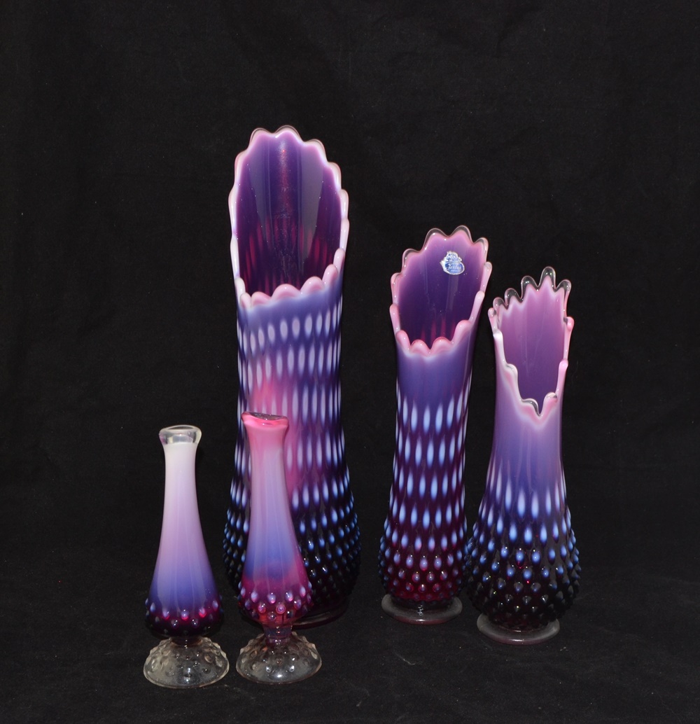 Five Fenton Plum Opalescent Hobnail Swung Vases