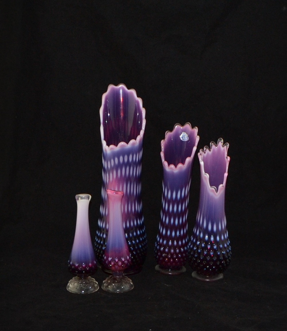 Five Fenton Plum Opalescent Hobnail Swung Vases