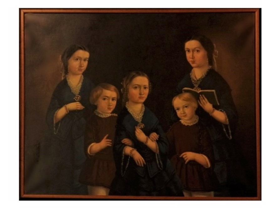 19c Primitive Folk Art Oil Painting Portrait Group of Children