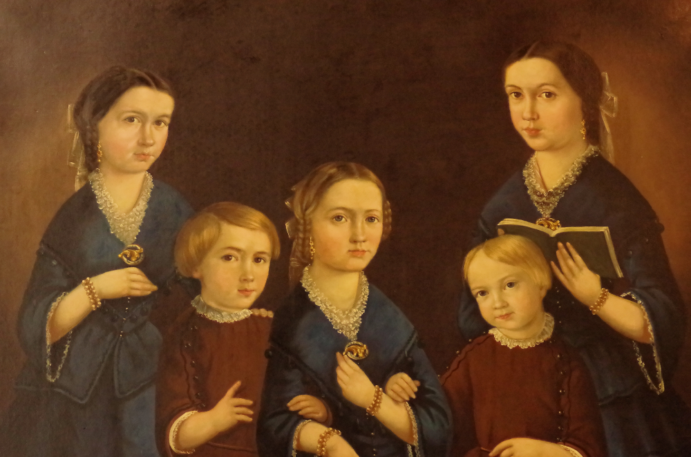 19c Primitive Folk Art Oil Painting Portrait Group of Children