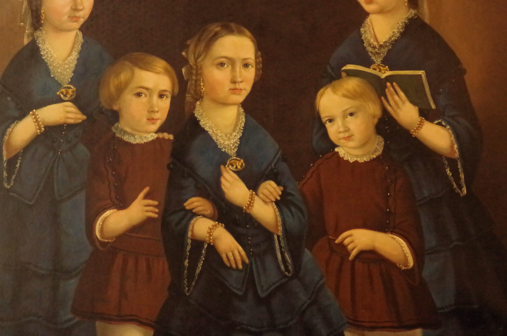 19c Primitive Folk Art Oil Painting Portrait Group of Children