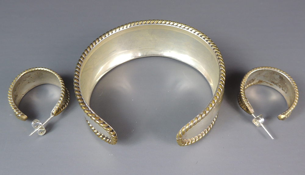 Laton Silver and Brass Earrings Cuff Bracelet Set