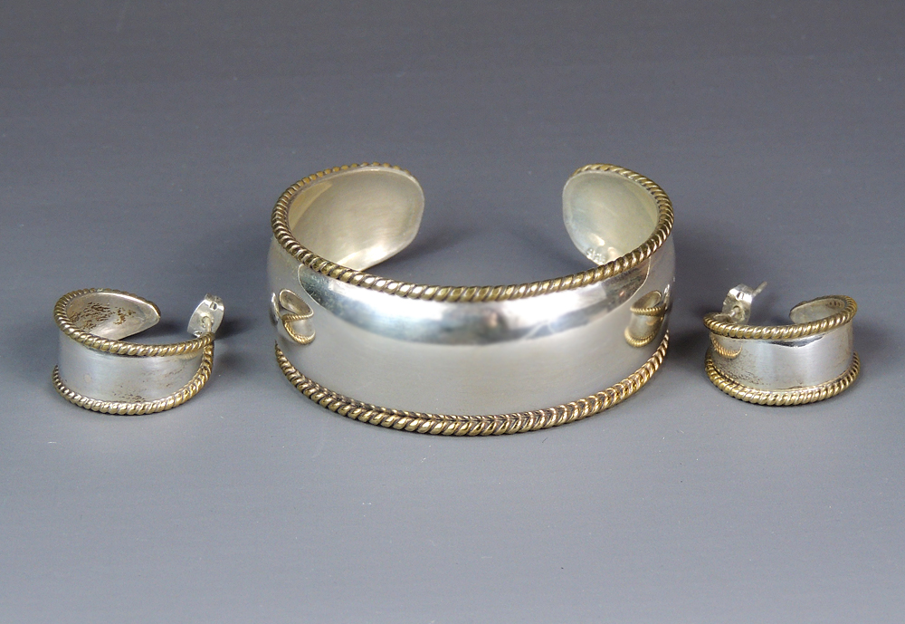 Laton Silver and Brass Earrings Cuff Bracelet Set