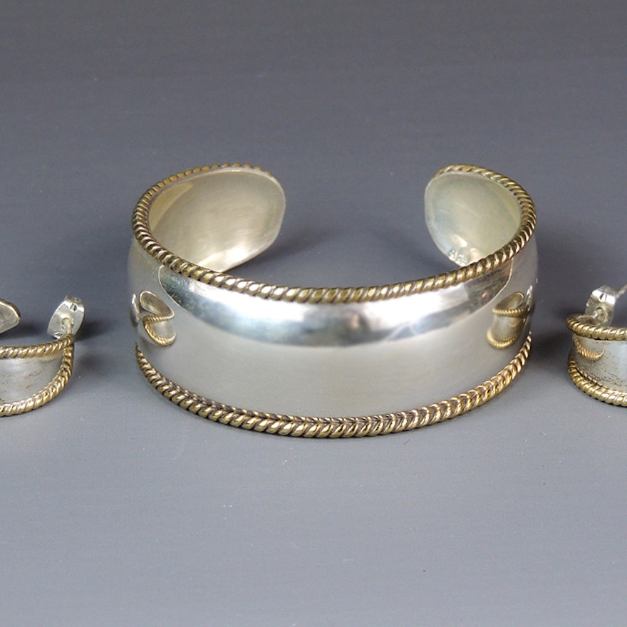 Laton Silver and Brass Earrings Cuff Bracelet Set