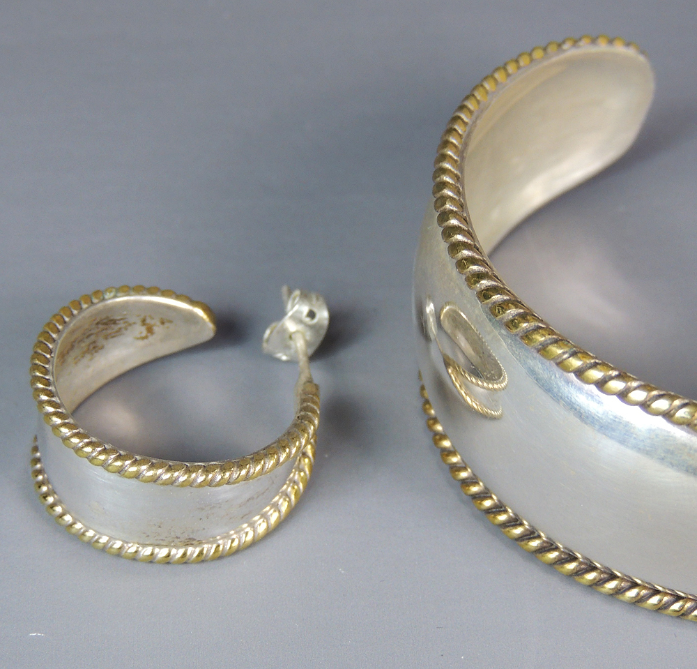 Laton Silver and Brass Earrings Cuff Bracelet Set