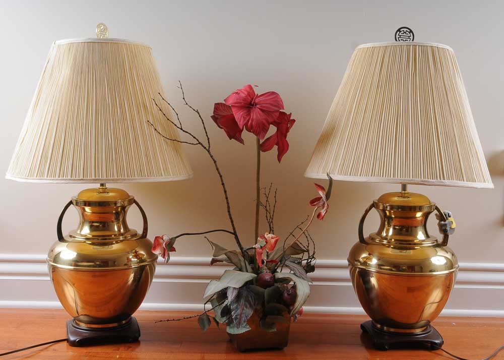 Pair of Brass Lamps and Faux Plant
