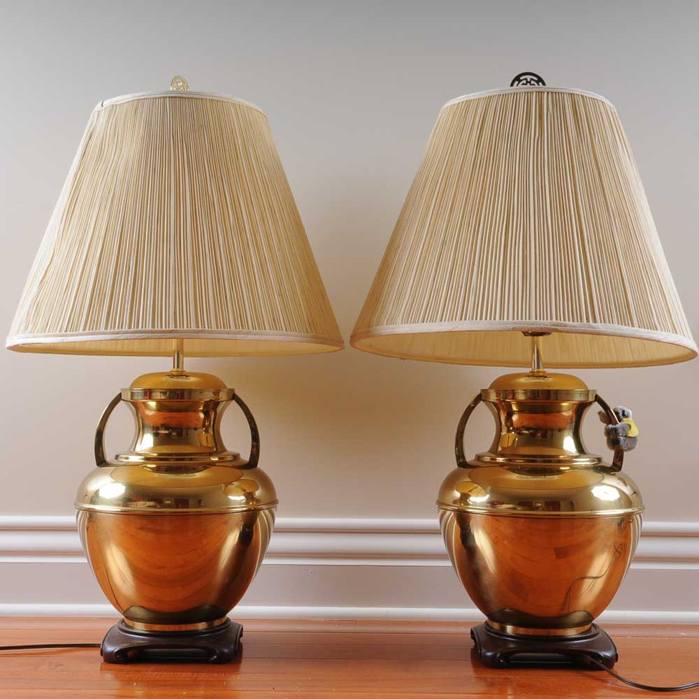 Pair of Brass Lamps and Faux Plant
