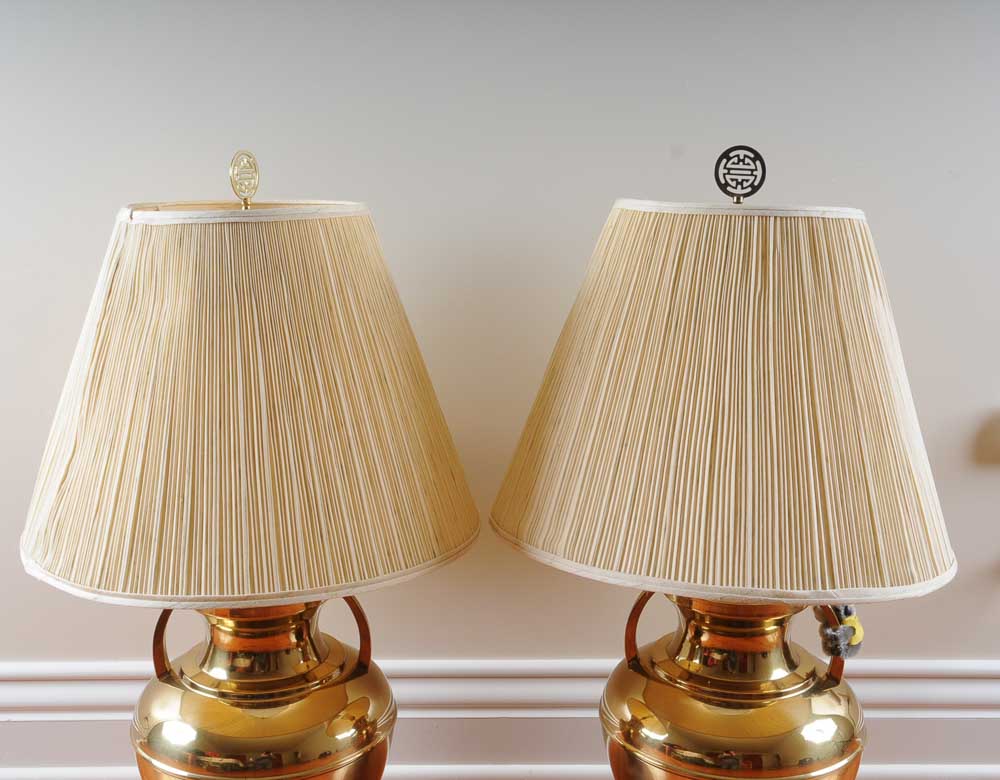 Pair of Brass Lamps and Faux Plant