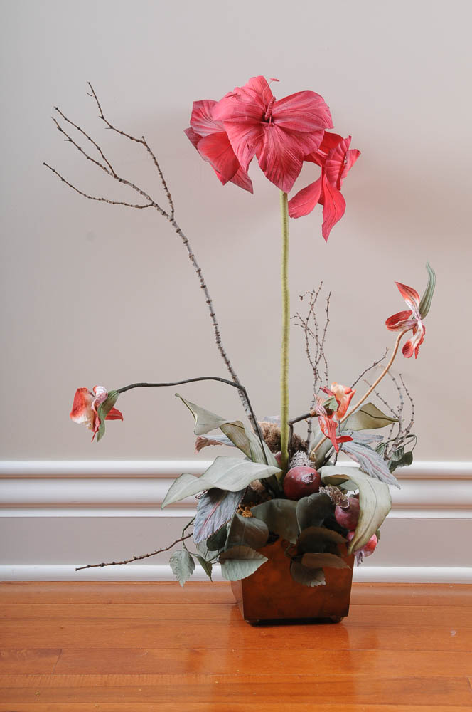 Pair of Brass Lamps and Faux Plant
