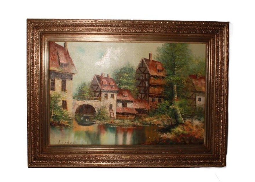 Signed, Original Oil on Canvas of a European Village by K. Franke