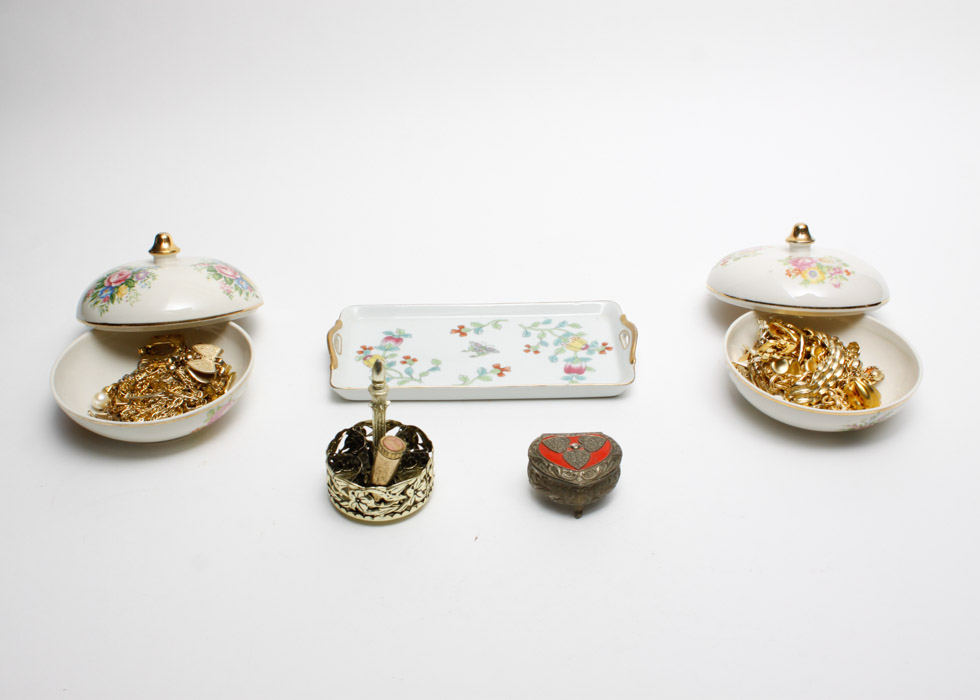 Dresser Set with Gold Tone Costume Jewelry