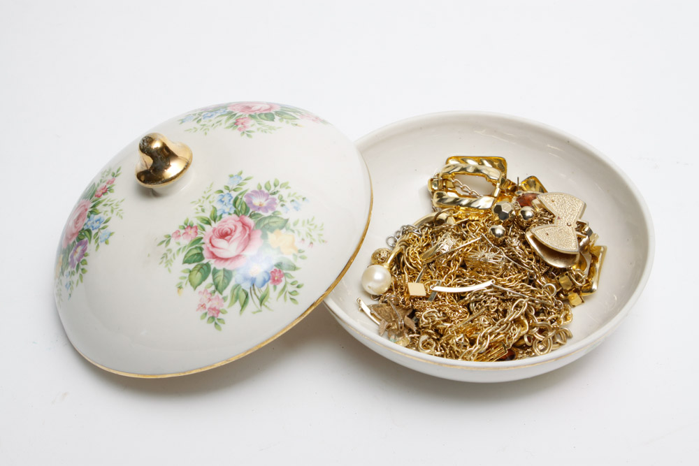 Dresser Set with Gold Tone Costume Jewelry