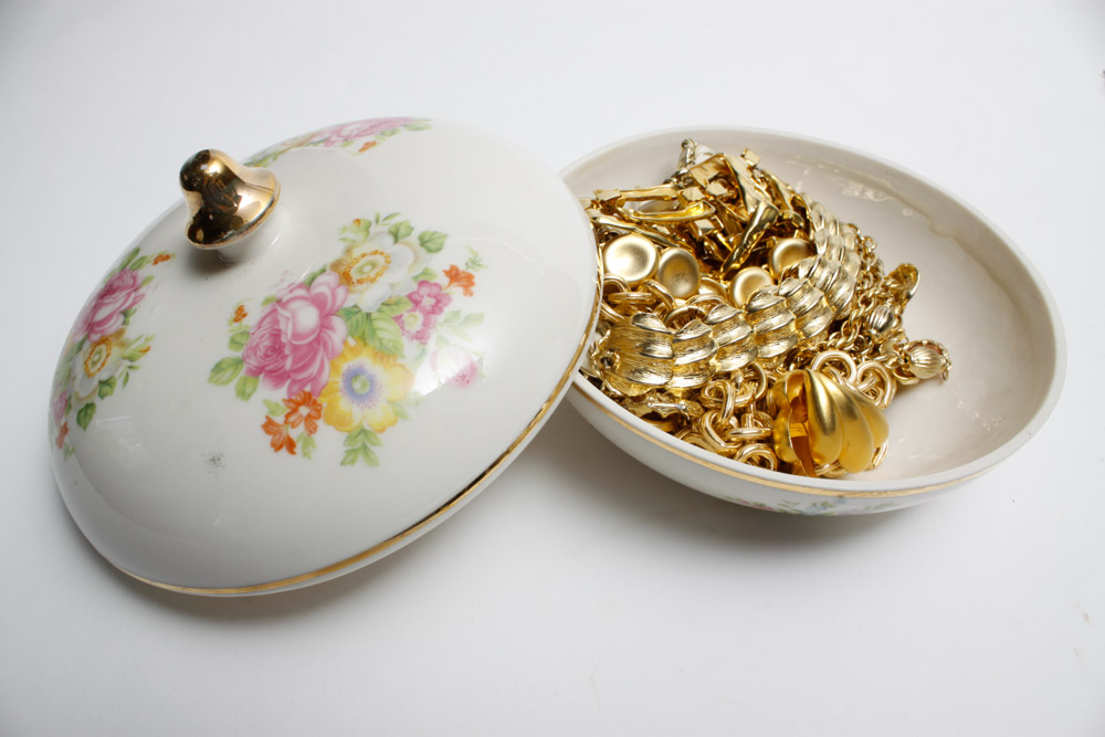 Dresser Set with Gold Tone Costume Jewelry