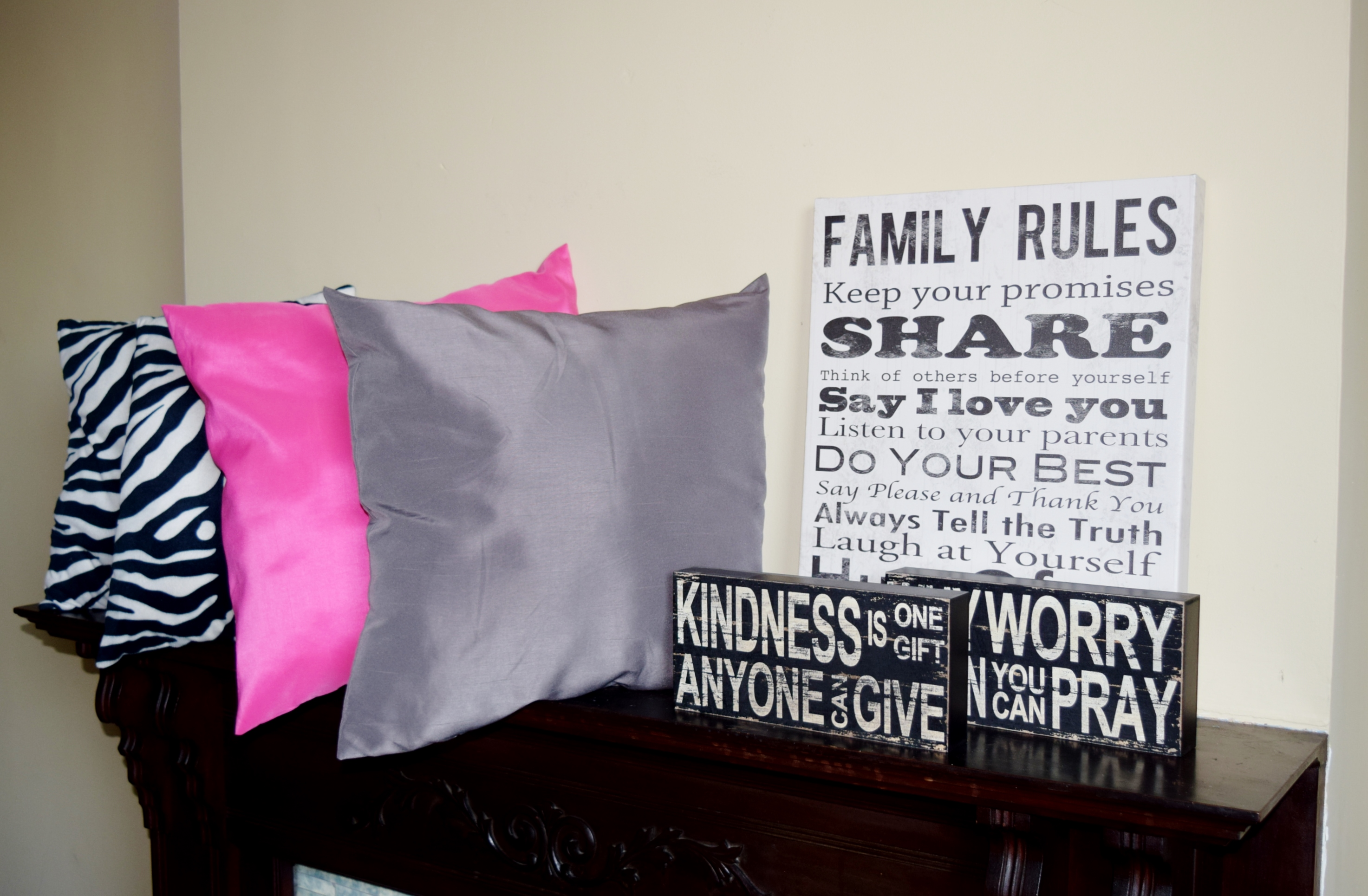 Four Ikea Pillows and Canvas Quote Plaques