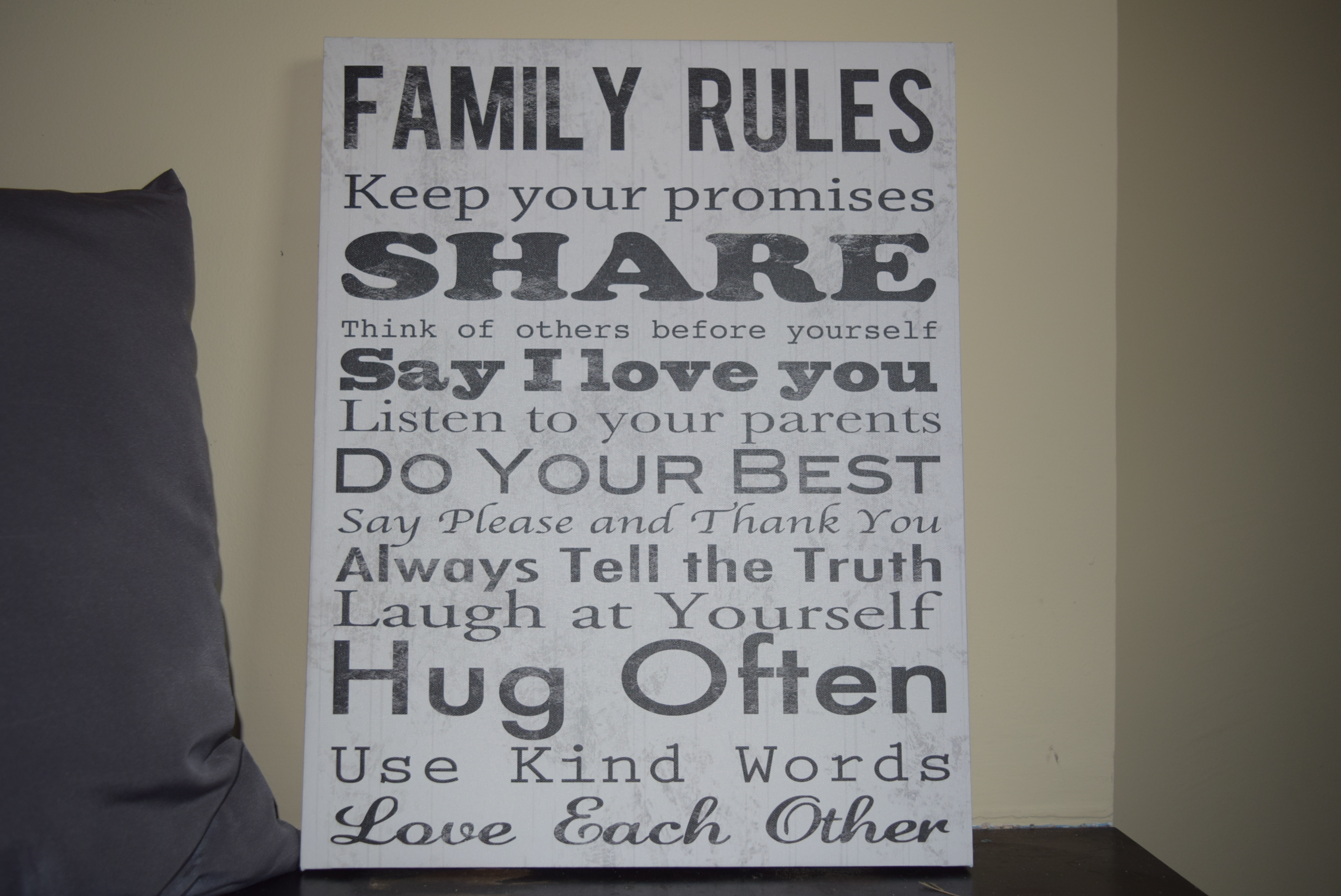 Four Ikea Pillows and Canvas Quote Plaques