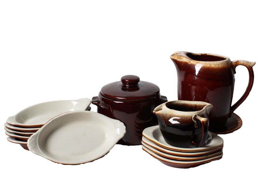 Collection of Hall Casserole Dishes and Brown Pottery