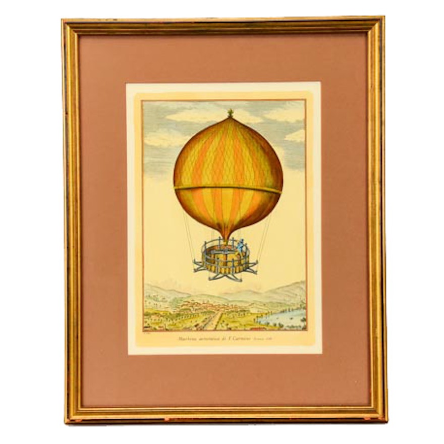 Hand-colored Engraving of Hot Air Balloon