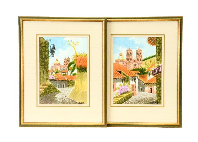 Pair of Benito Diaz Watercolors of Santa Prisca Church, Mexico