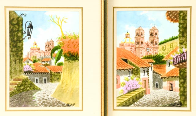 Pair of Benito Diaz Watercolors of Santa Prisca Church, Mexico