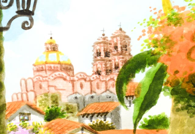 Pair of Benito Diaz Watercolors of Santa Prisca Church, Mexico