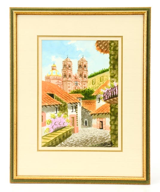 Pair of Benito Diaz Watercolors of Santa Prisca Church, Mexico