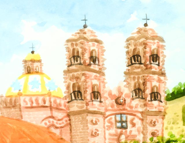 Pair of Benito Diaz Watercolors of Santa Prisca Church, Mexico