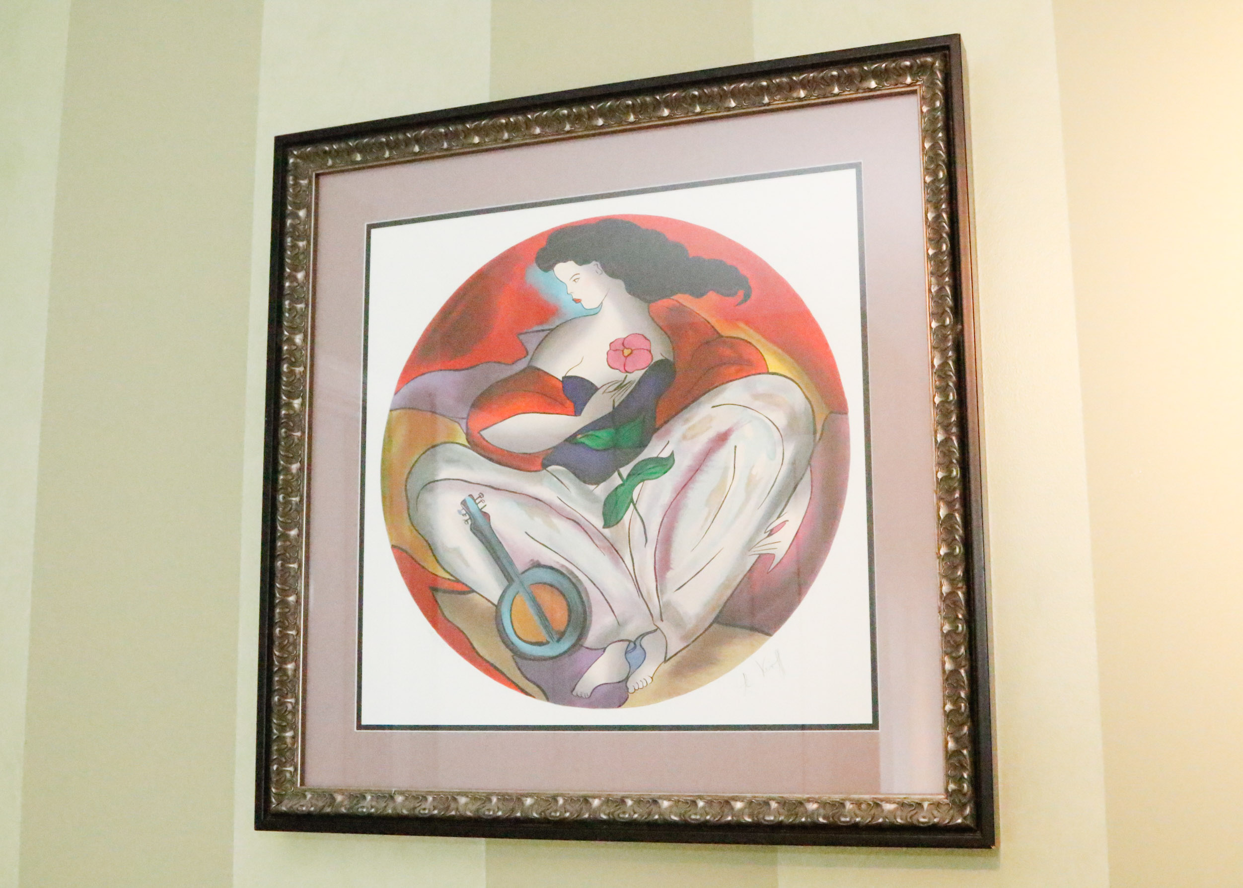 "Black Hair, Pink Flower, Blue Banjo" by Le Kinff