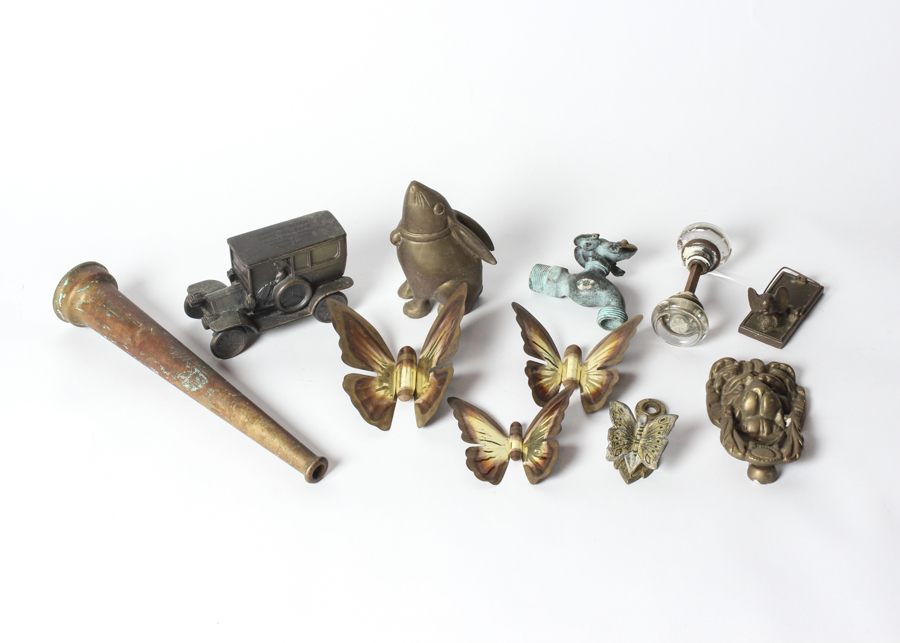 Collection of Metal Butterflies, Brass Doorknob and Trinkets