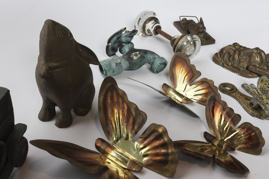 Collection of Metal Butterflies, Brass Doorknob and Trinkets