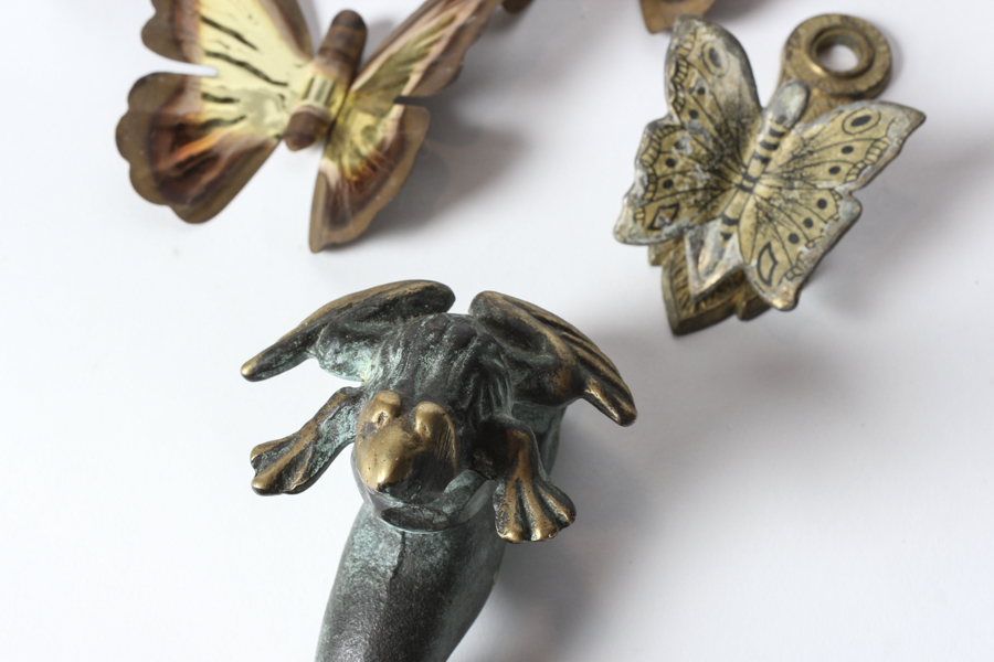 Collection of Metal Butterflies, Brass Doorknob and Trinkets