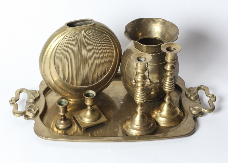 Gold Tone Tray and Candle Sticks